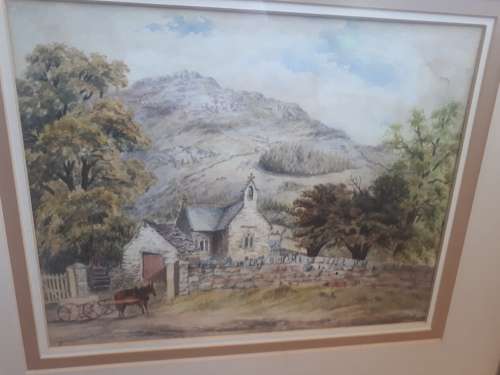 Stunning Glass Framed Watercolor `SA Church & Mountains`