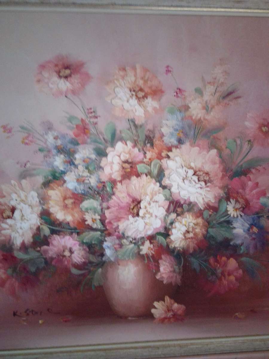20th Century American Artist K Stone Stunning Oil on Board `Still life flowers` Signed