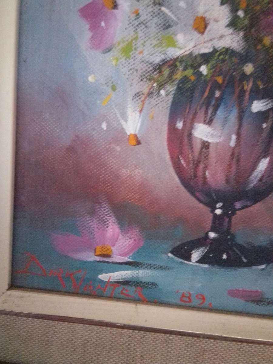 Popular 20th Century SA Artist Dirk Venter Oil on Board `Still life flowers` Signed & Dated 89