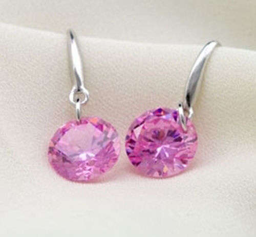 PINK CUBIC ZIRCONIA 925 SILVER PLATED DROP EAR RINGS