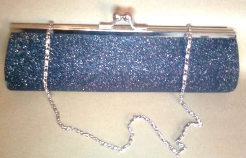 BLACK GLITTER PURSE WITH SILVER CHAIN SLING.