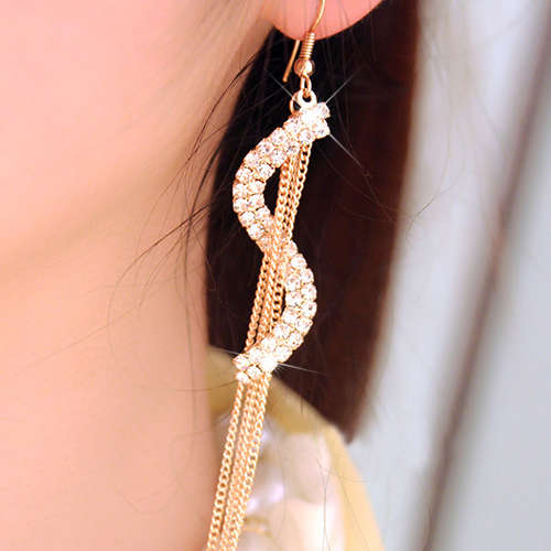 BRILLIANT GOLD PLATED TASSEL AND RHINESTONE DROP EAR RINGS