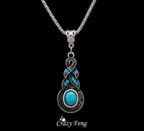 SILVER PLATED TURQUOISE STONE PENDANT AND CHAIN