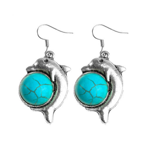 ** PRETTY ** VINTAGE STYLE BLUE DOLPHIN DROP EAR RINGS WITH NATURAL STONE