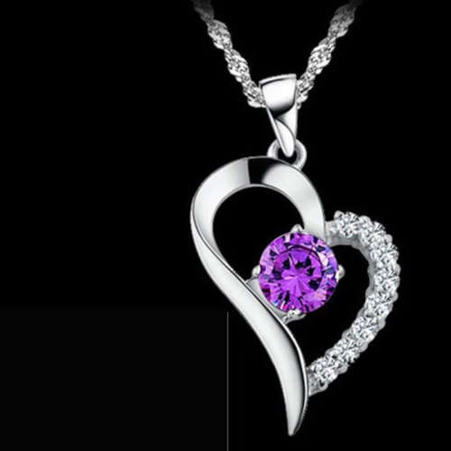 ***PRETTY*** SILVER HEART PENDANT NECKLACE WITH PURPLE ZIRCONIA