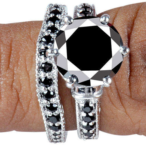 SOLID 925 SILVER -5.61ct - Stunning Black Moissanite Diamond Ring!  RING + BAND