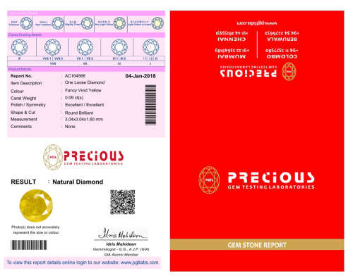 Certified Diamond : 0.09ct -Vivid Yellow -Excellent Cut and Polish!