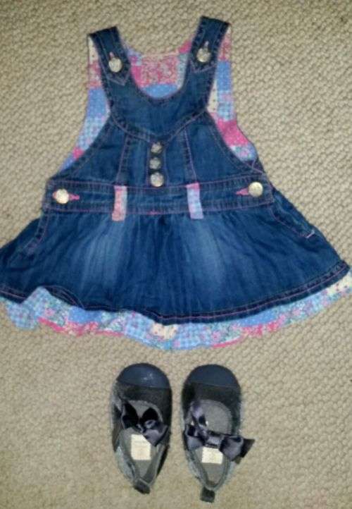 Denim dress and velvet shoes