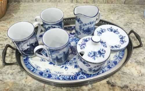 Blue Delft Tray Westraven Anno 1661 porcelain Pewter Serving Tray with complete teaset