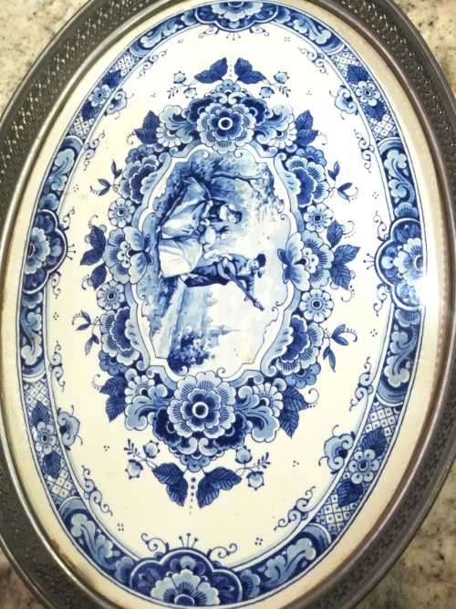 Blue Delft Tray Westraven Anno 1661 porcelain Pewter Serving Tray with complete teaset
