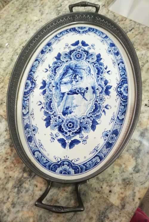Blue Delft Tray Westraven Anno 1661 porcelain Pewter Serving Tray with complete teaset