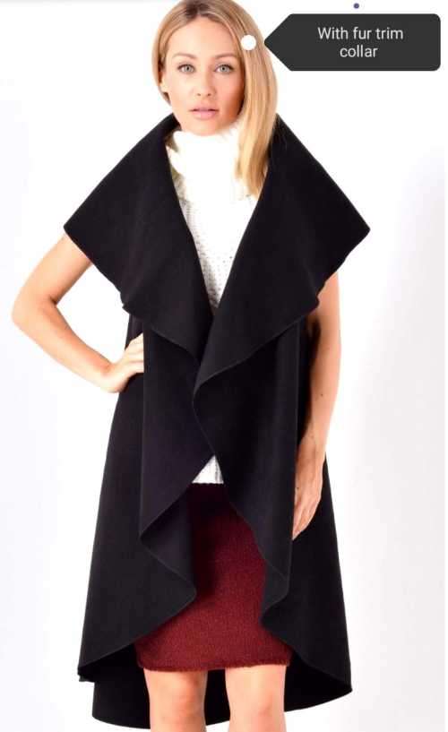 Black Sleeveless Duster Coat with fur collar