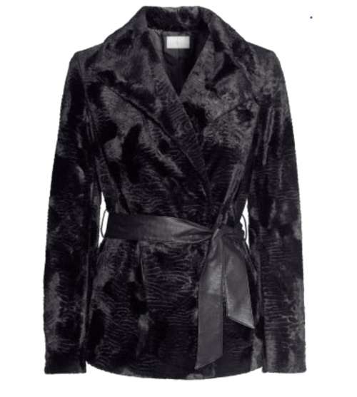 H&M Black Belted Faux Fur Jacket