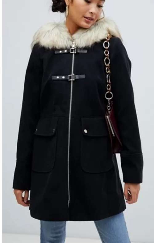 Black Duffel Coat With Fur Trim