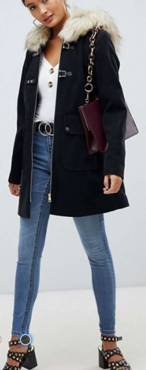 Black Duffel Coat With Fur Trim