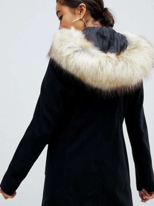 Black Duffel Coat With Fur Trim