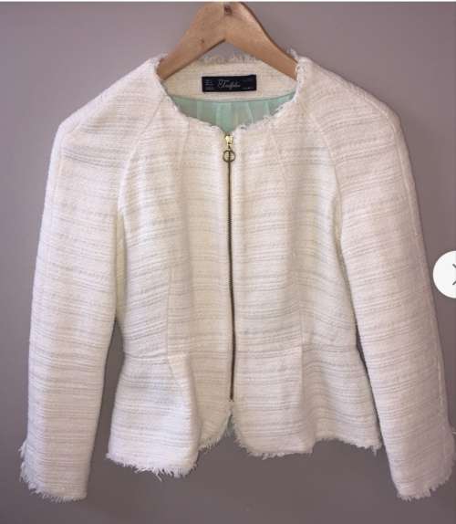 Zara Trafaluc White Metallic Tweed Fringe Jacket