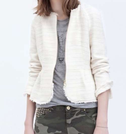 Zara Trafaluc White Metallic Tweed Fringe Jacket