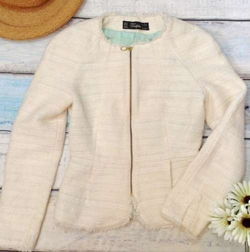 Zara Trafaluc White Metallic Tweed Fringe Jacket