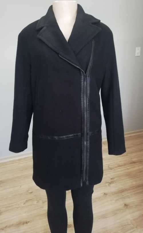 Classic Black Melton Coat with faux leather detailing