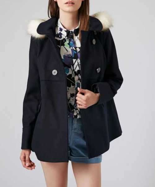 Beautiful Navy Swing Coat with faux fur trim Hood