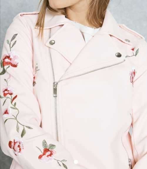 Gorgeous pink Biker Faux Leather Jacket with gorgeous embroidery