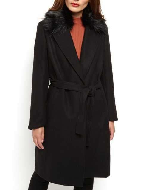 Exquisite Black Faux  fur collar wrap coat