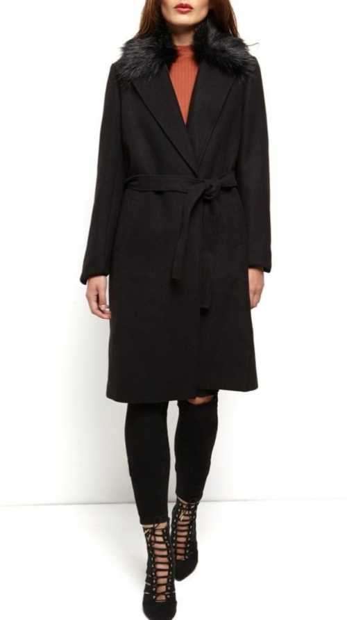Exquisite Black Faux  fur collar wrap coat
