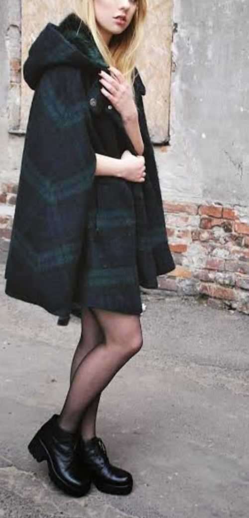 ZARA Check Cape with fur trimmed hood