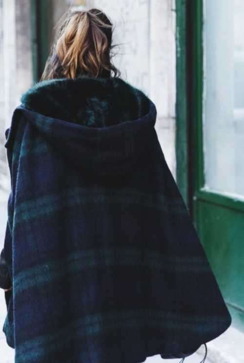ZARA Check Cape with fur trimmed hood