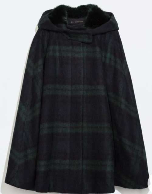 ZARA Check Cape with fur trimmed hood