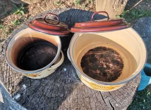 2 really old Enamel Pots with beautiful design