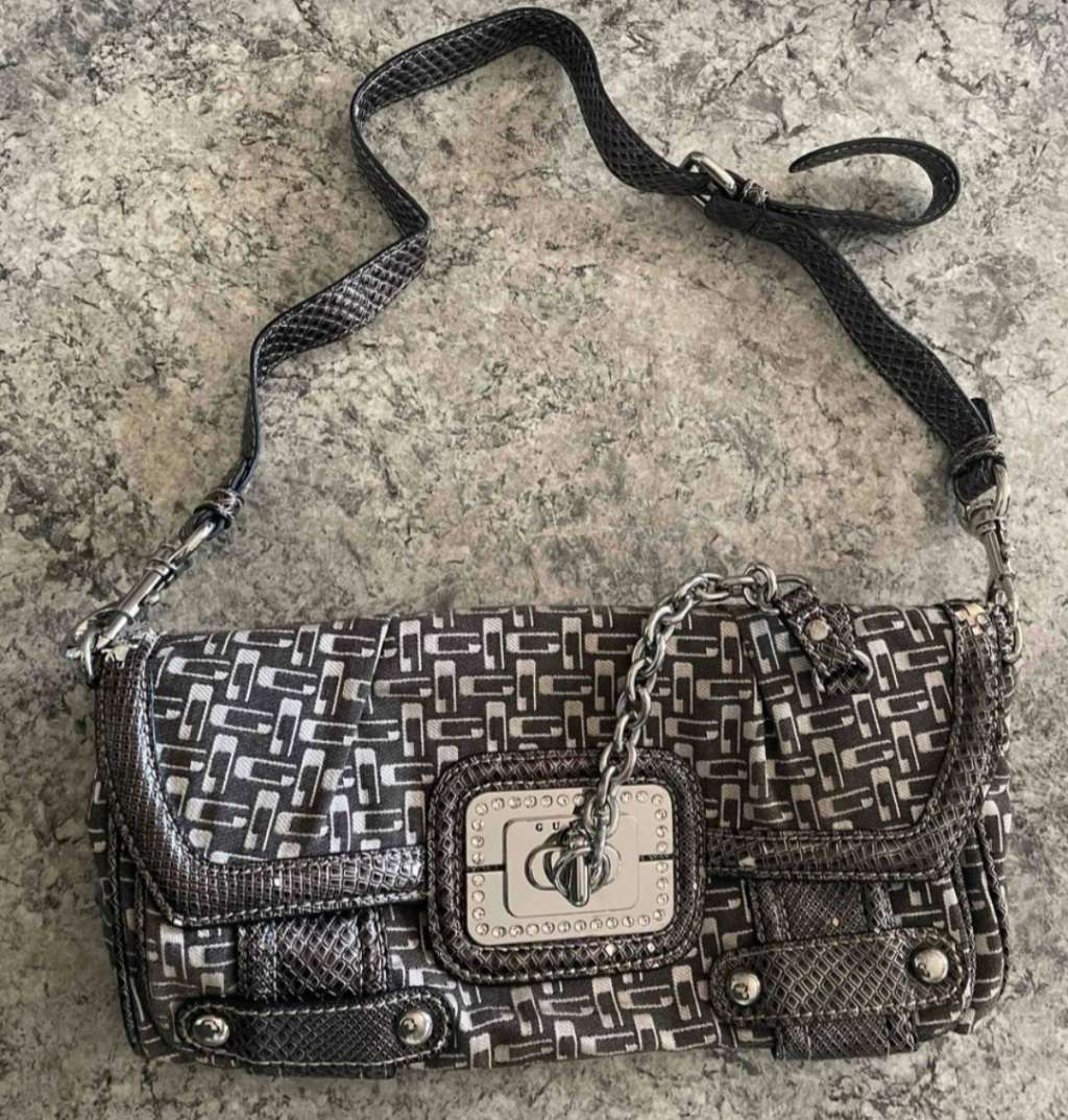 Guess Monogram Grey & Silver Chain Detail Small Bag