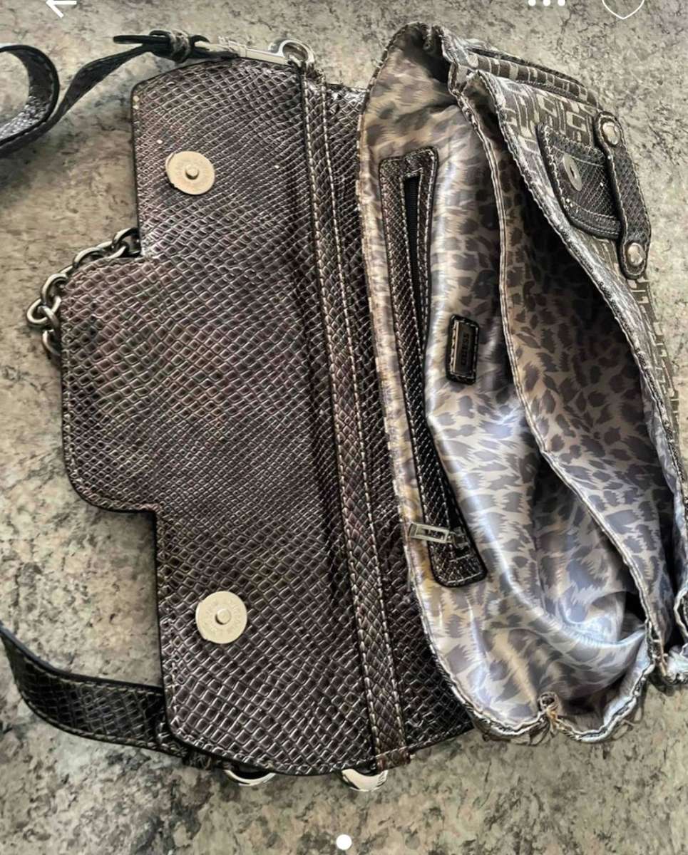 Guess Monogram Grey & Silver Chain Detail Small Bag