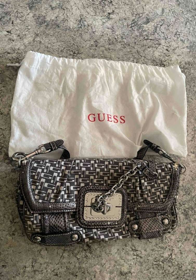 Guess Monogram Grey & Silver Chain Detail Small Bag