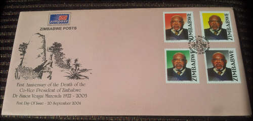 ***ZIMBABWE 20 SEPT 2004 FDC FIRST ANNIVERSARY OF THE DEATH OF CO-VICE PRESIDENT MINT CONDITION***