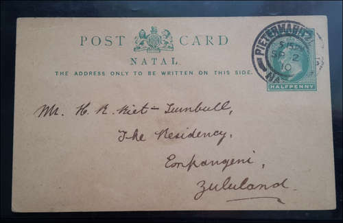 ***SUPERB NATAL POST CARD ADDRESSED TO ZULULAND - A GREAT PIECE OF POSTAL HISTORY***