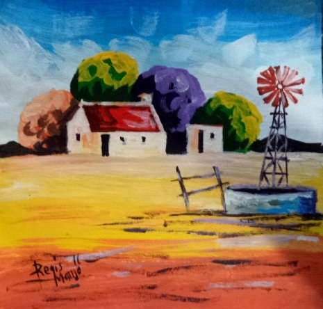 Beautiful acrylic painting by Regis Manje titled- Oom Frik se Windpomp