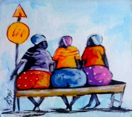 Beautiful acrylic painting by artist Regis Manja titled- Ladies waiting