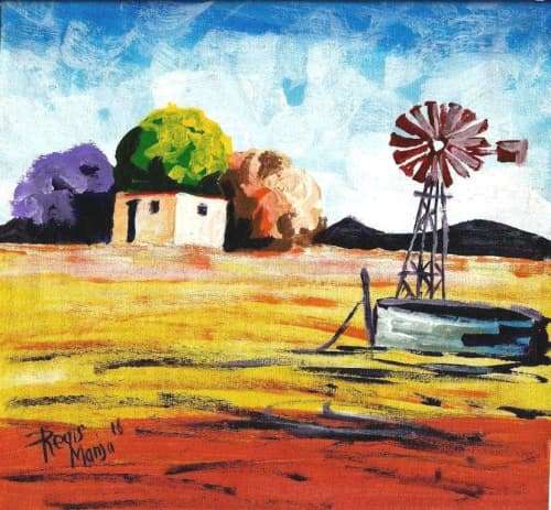 Beautifu acrylic painting by artist Regis Manje titled Hut with windmill
