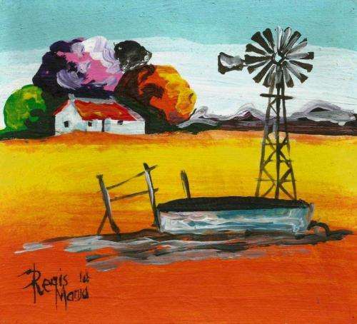 Beautiful miniature acrylic painting by artist Regis Manje titled Plaashuisie II