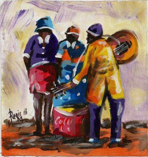 Beautiful acrylic painting by artist Regis Manje titled Musicians III