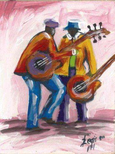 Beautifu acrylic painting by artist Regis Manje titled Sidewalk Musicians II