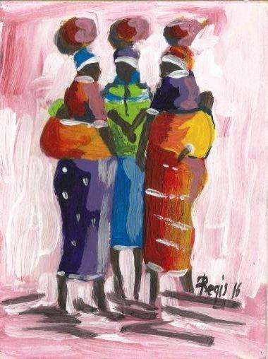 Beautifu acrylic painting by artist Regis Manje titled Gossiping Ladies II