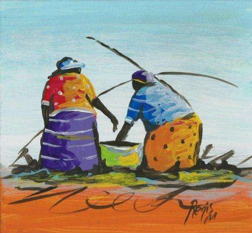 Beautifu acrylic painting by artist Regis Manje titled Woman fishing III