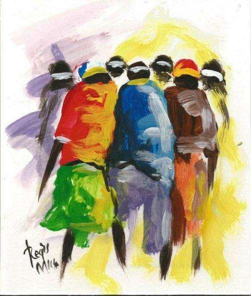 Beautiful acrylic painting by artist Regis Manje titled Ladies gossipping