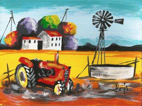 Beautifu acrylic painting by artist Regis Manje titled Red tractor