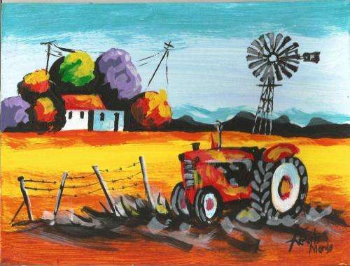 Beautiful acrylic painting by artist Regis Manje titled Winter Farm II