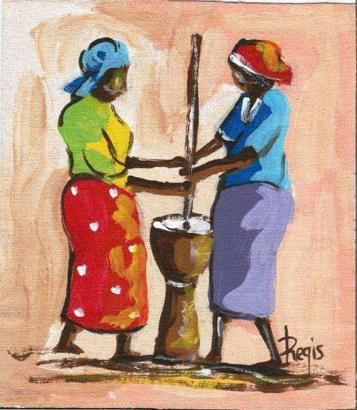 Beautifu acrylic painting by artist Regis Manje titled Pounding maize