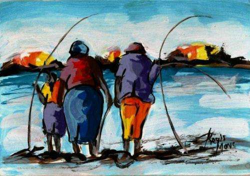 Beautiful acrylic painting by artist Regis Manja titled- Fishing (Larger than normal)